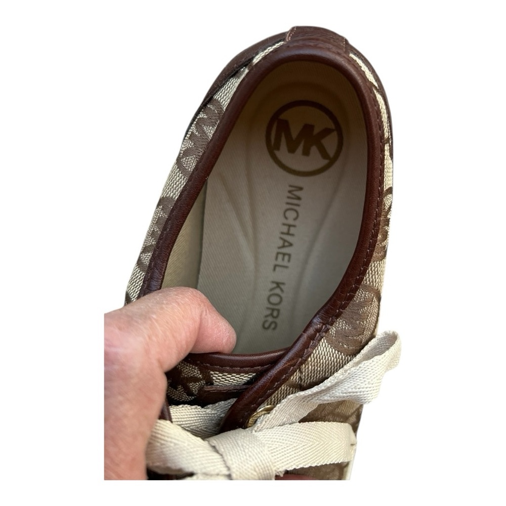 Michael Kors Shoes Brown Leather Tan Canvas Logo Lace Up Sneakers Size 6.5 - Picture 5 of 7